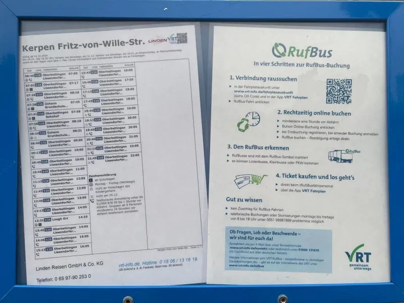 Fahrplan der Buslinie 538, Haltestelle Kerpen Fritz-von-Wille-Straße, und RufBus-Anleitung des VRT