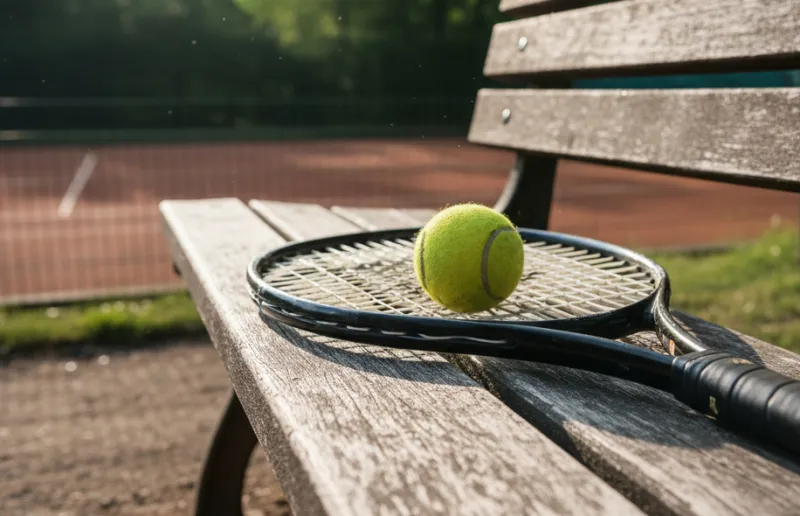 Tennisschläger und Ball auf einer Bank am Tennisplatz